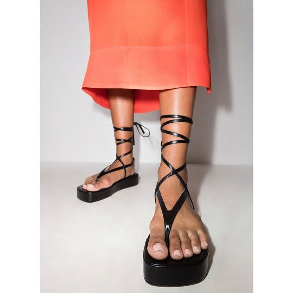 Amina Muaddi Shoes - Amina Muaddi Jamie Lambskin Leather Lace Up Flatforms Platform 10 Black 41